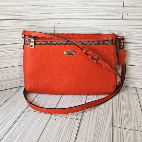 Coach East West Pop Crossbody Bag with Clutch in Orange, Brown with Silver Tone - Picture 2 of 15